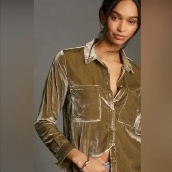 Pilcro Hadley Velvet Button-Down Shirt in Tan/ Sage Green - Picture 2 of 13